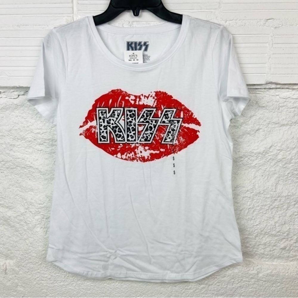 NWT KISS white leopard red kiss lips cotton band Tee short sleeve shirt SZ S & M